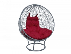 Кресло Кокон Круглый на подставке ротанг каркас серый-подушка бордовая