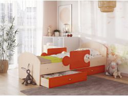 Кровать Мозаика с бортиками и ящиком млечный дуб с оранжевым
