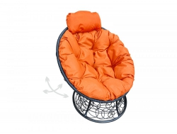 Кресло Папасан пружинка мини с ротангом каркас чёрный-подушка оранжевая