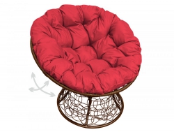 Кресло Папасан пружинка с ротангом каркас коричневый-подушка красная