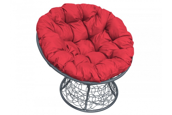 Кресло Папасан с ротангом каркас серый-подушка красная