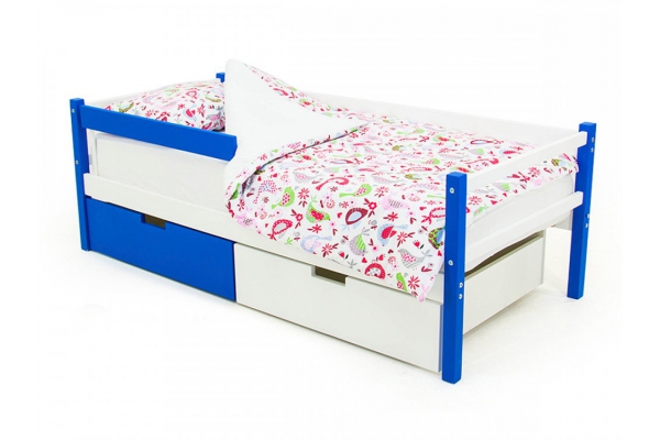 Кровать-тахта Svogen с ящиками и бортиком сине-белый